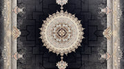 Close-up of a dark Persian rug with a cream and gold centre medallion
