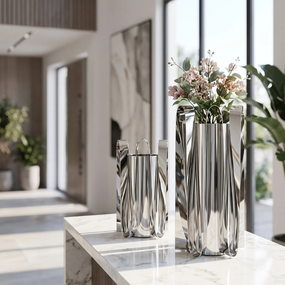 Modern Silver Abstract Fluted Vases