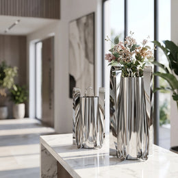 Modern Silver Abstract Fluted Vases