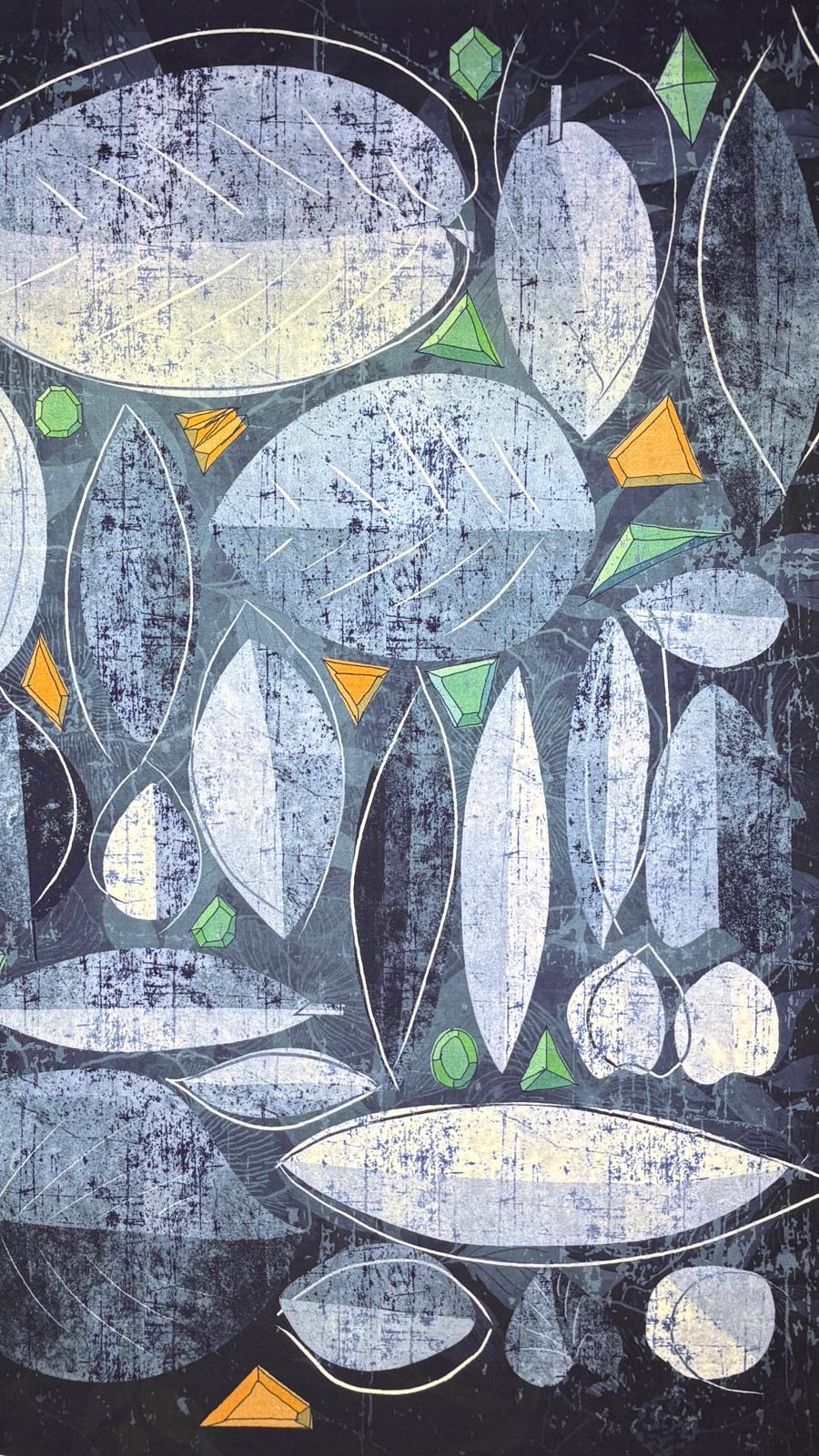 Abstract Leaf and Geometric Motif Rug in Cool Tones