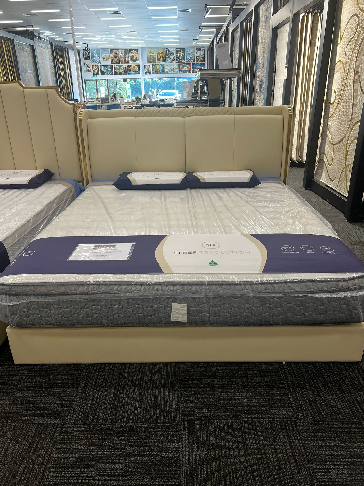  Upholstered Bed with Gold Accents