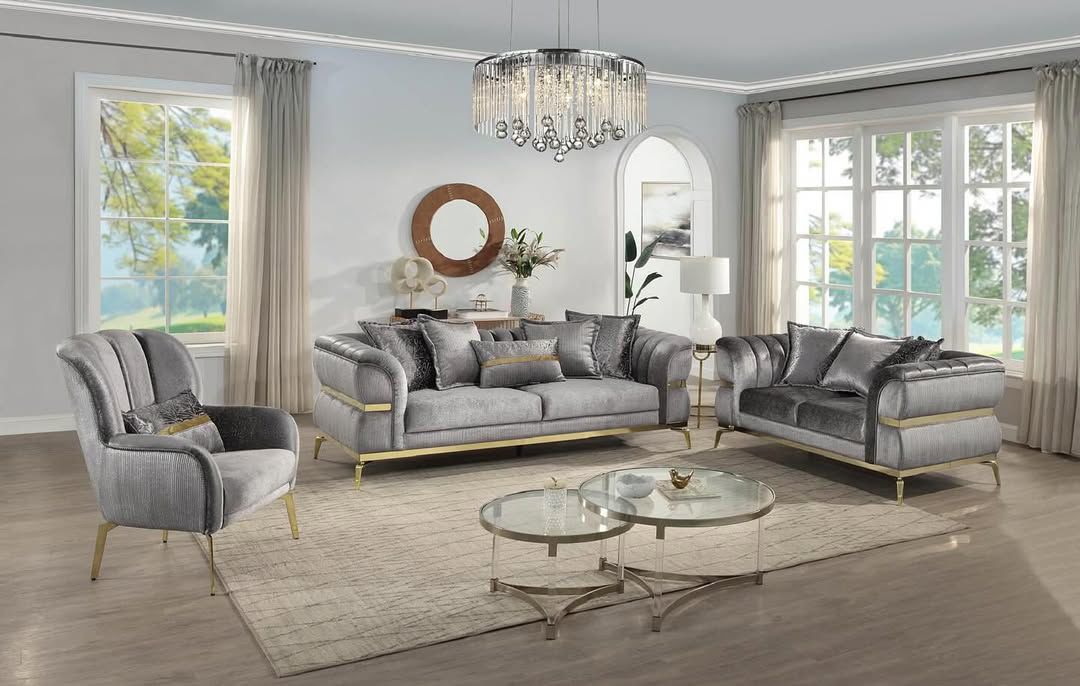 Luxurious Grey Velvet 8-Seater Sofa Set with Gold Accents