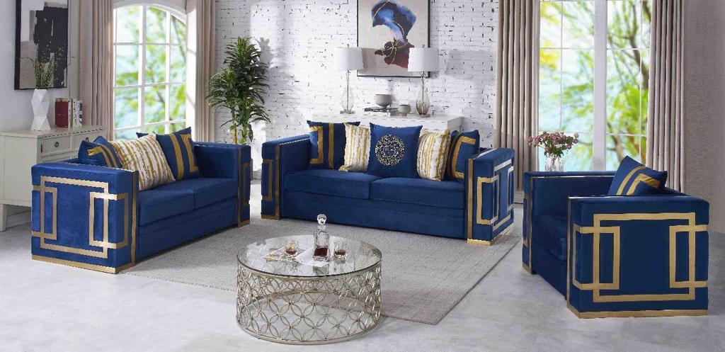 Regal Blue Velvet 6-Seater Sofa Set with Geometric Gold Trim