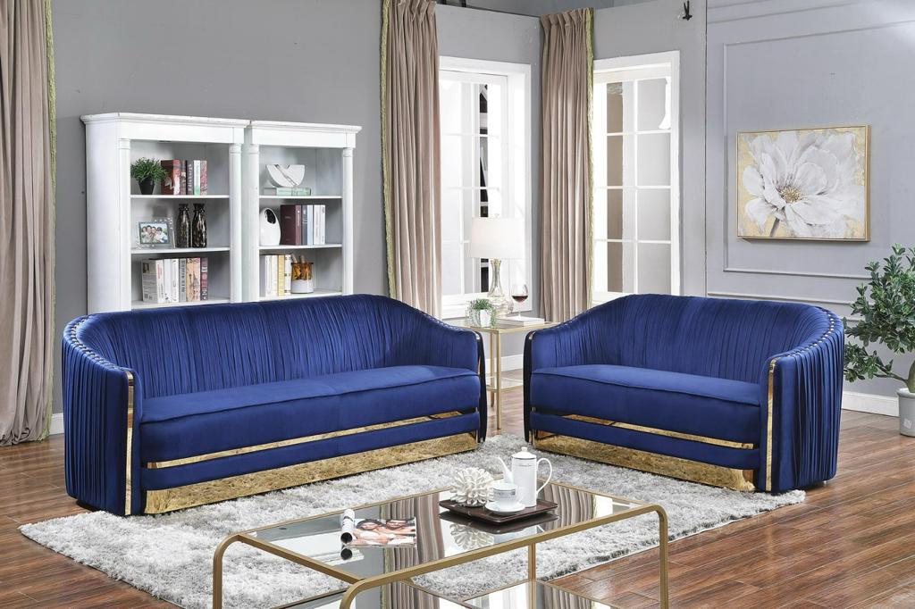 Majestic Royal Blue Velvet 6-Seater Sofa Set with Pleated Detail & Gold Base