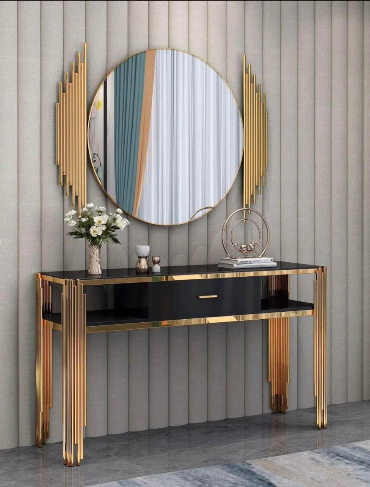 Modern Console Table with Sculptural Mirror Set
